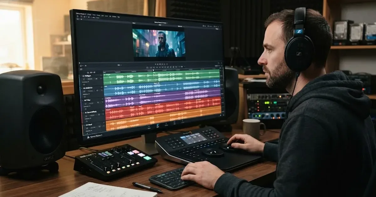 Illustration of layered sound effects arranged beneath a video timeline
