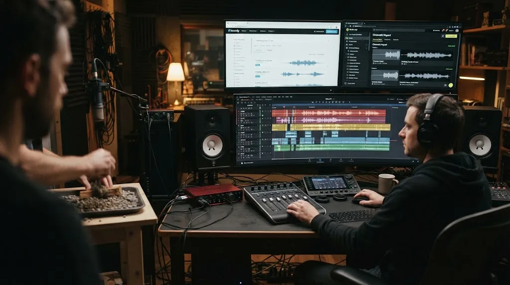 Illustration of sound-effect sources being chosen for a DaVinci Resolve project