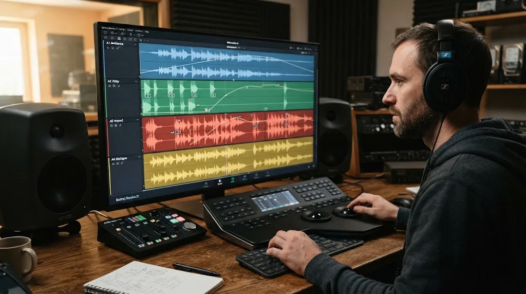 Illustration of Fairlight audio tracks with clip gain and volume automation