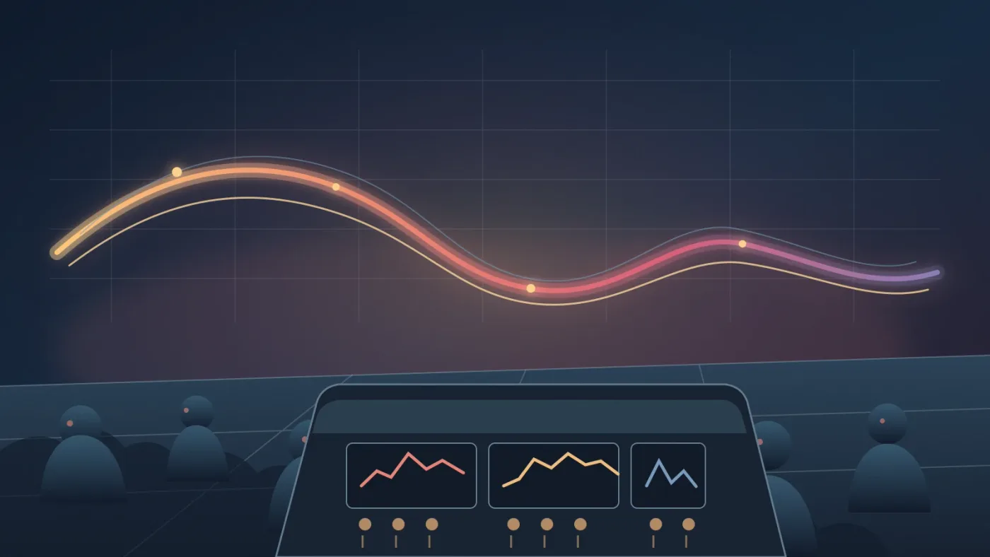 Illustration of crowd-bus automation rising during a reaction and dipping under dialogue