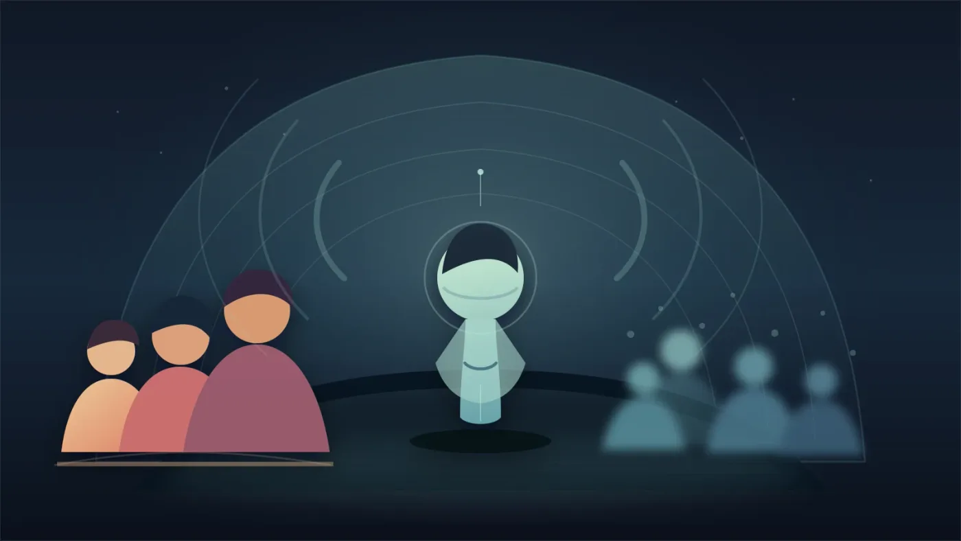 Illustration of near, anchor, and distant crowd layers inside a shared venue space
