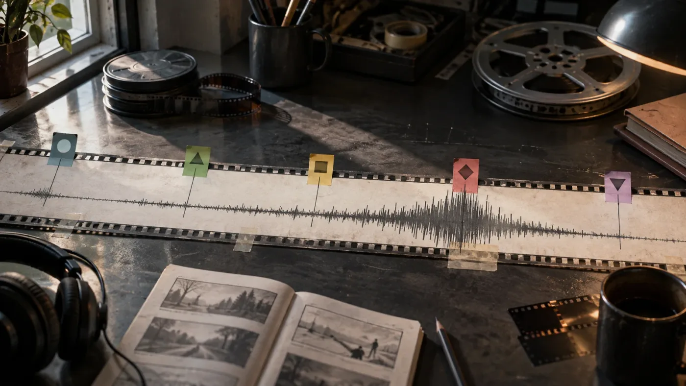 Illustration of timeline markers mapping a tension cue to story turns