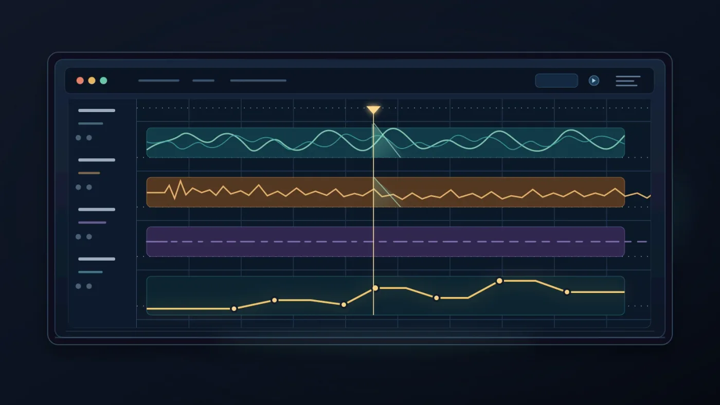 Illustration of Fairlight layers and volume automation shaping a connected music edit