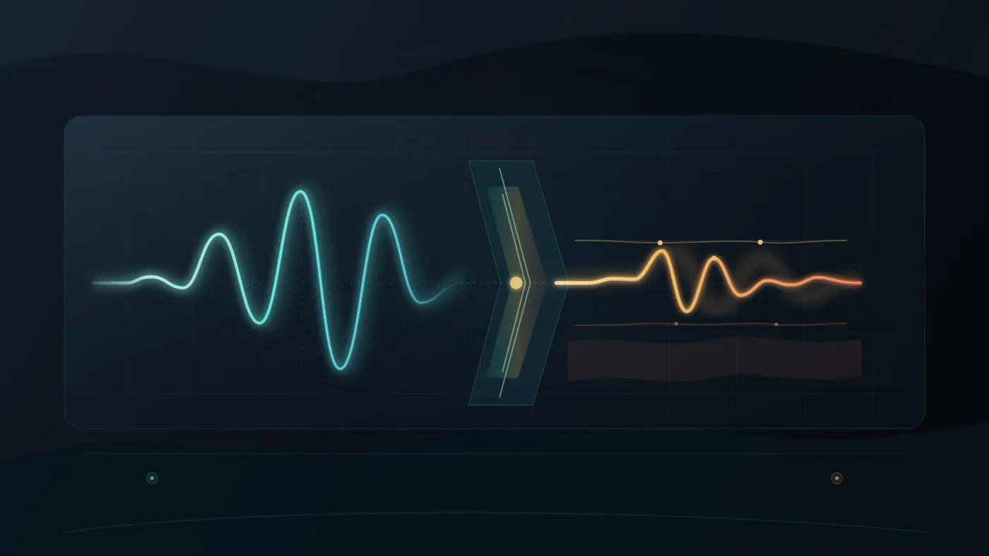 Illustration of a before and after telephone voice effect frequency shape