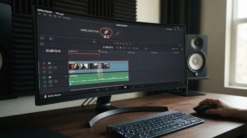 Illustration of Linked Selection setup for a DaVinci Resolve split edit