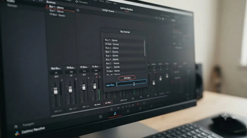 Illustration of the DaVinci Resolve Fairlight Bus Format window adding a new submix bus