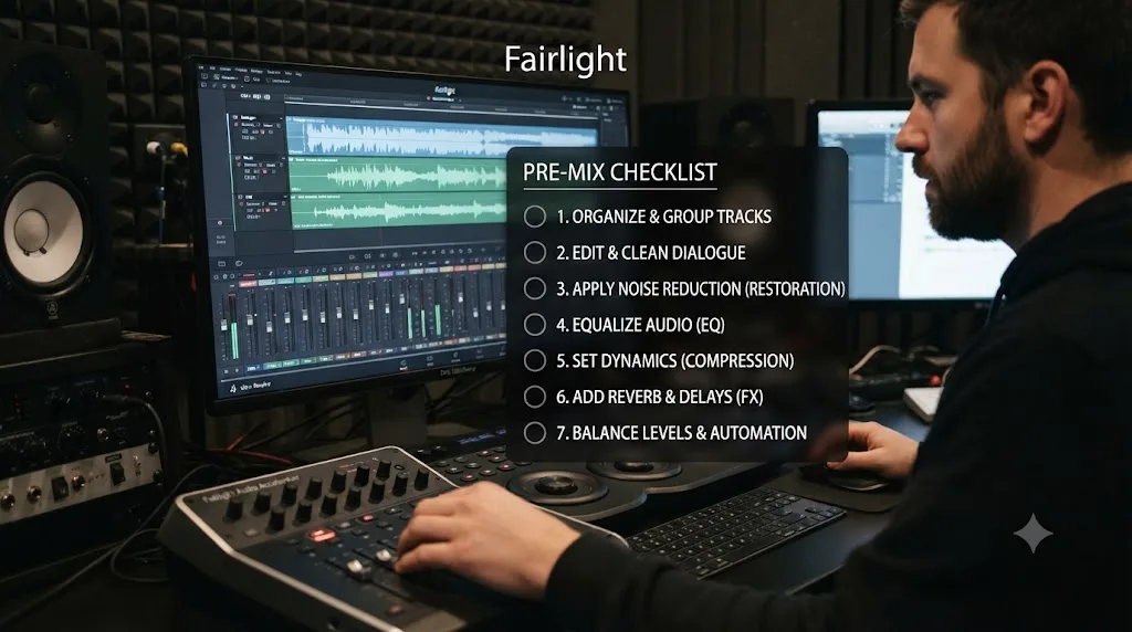 Illustration of a seven step pre-mix checklist overlaid on a DaVinci Resolve Fairlight page