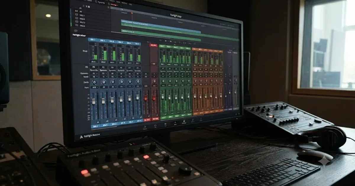Illustration of the DaVinci Resolve Fairlight mixer with dialogue, music, and effects channel strips routed into buses