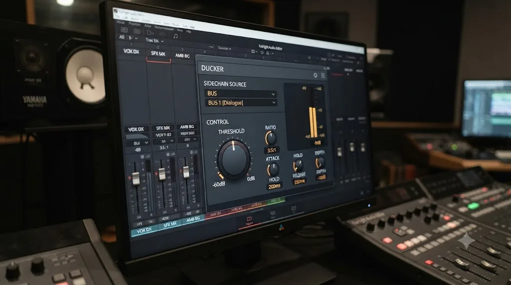Illustration of the DaVinci Resolve Fairlight Ducker plugin with its Sidechain Source set to a dialogue bus