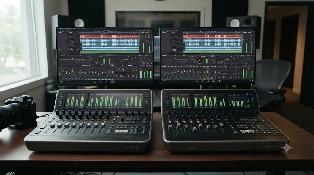 Illustration confirming DaVinci Resolve's Fairlight mixing tools are identical in the free and Studio versions