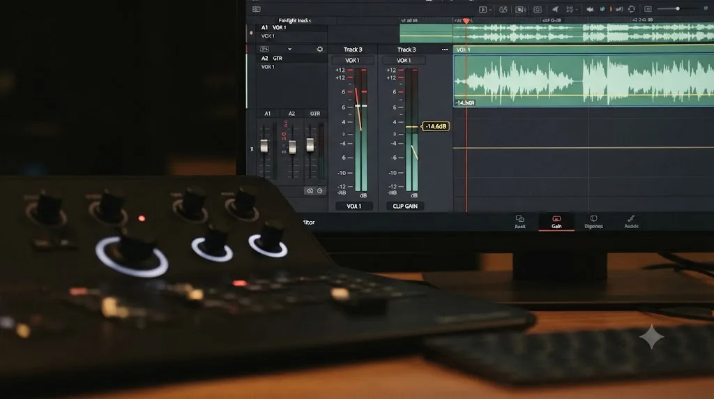 Illustration of a DaVinci Resolve Fairlight track meter showing clip gain being adjusted before mixing