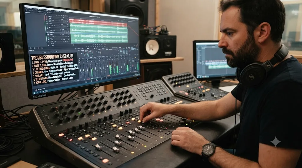 Illustration of a troubleshooting checklist over a DaVinci Resolve Fairlight mixer highlighting common mixing mistakes