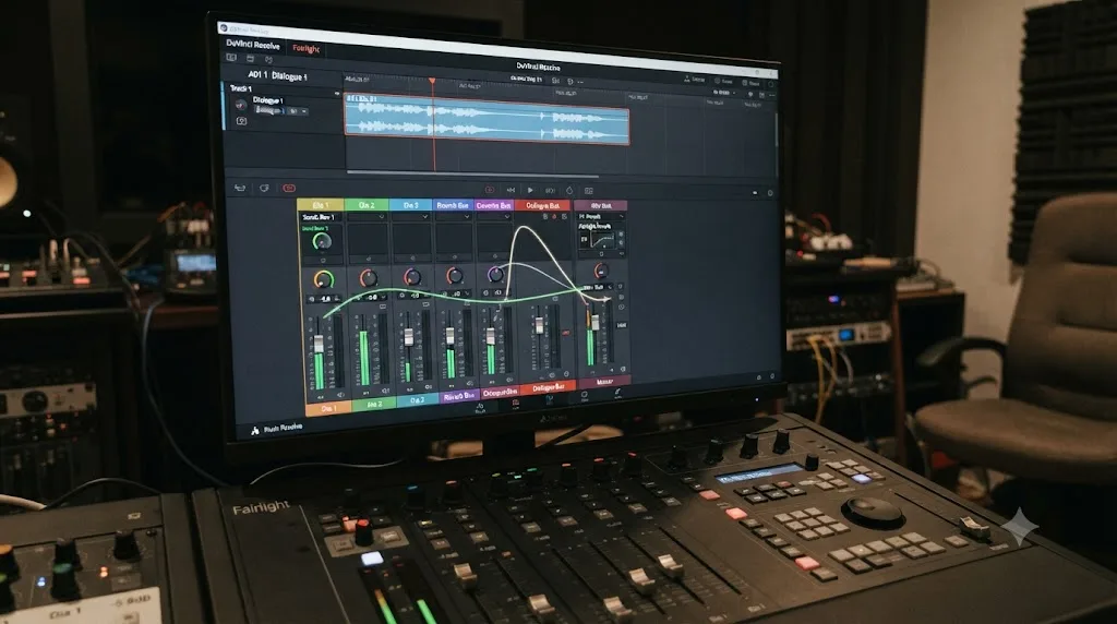 Illustration of a DaVinci Resolve Fairlight send routing a dialogue clip to a shared reverb bus in parallel