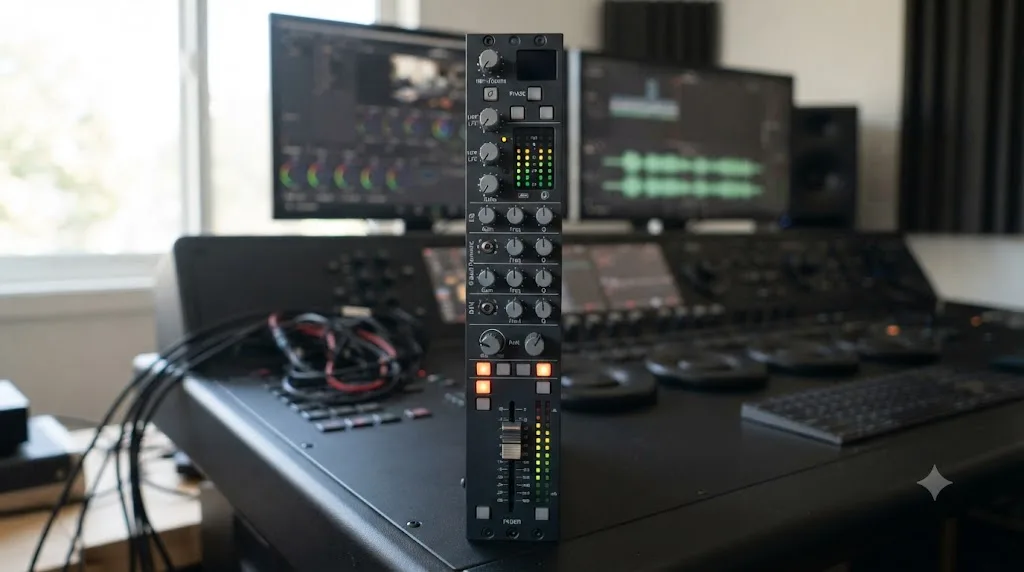 Illustration of a DaVinci Resolve Fairlight channel strip labeling each signal processing stage from input to fader