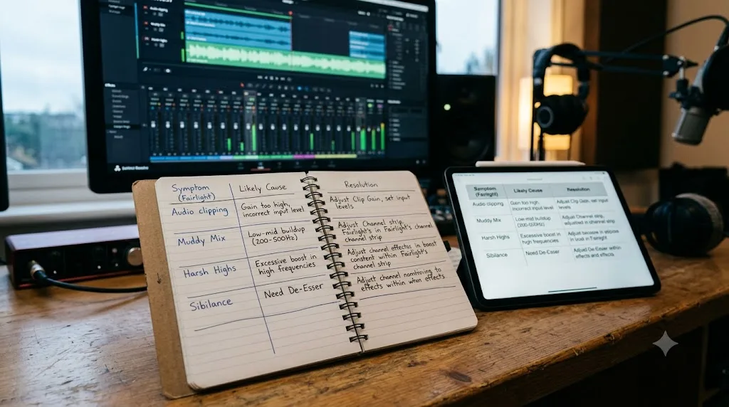 Illustration of a decision table mapping audio mixing symptoms to their causes in DaVinci Resolve Fairlight