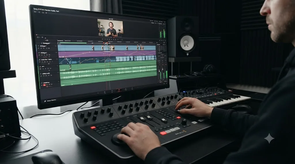 Illustration of a seven step full audio mix workflow on a DaVinci Resolve product review video timeline