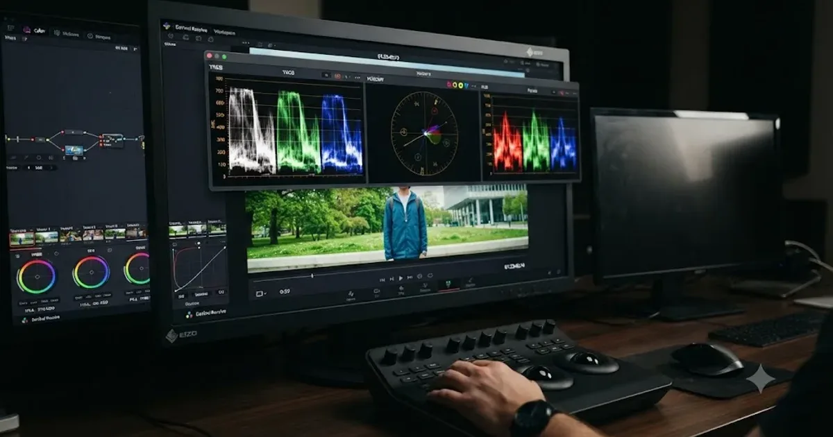 Illustration of the waveform, vectorscope, and RGB Parade scopes displayed together above a clip in DaVinci Resolve
