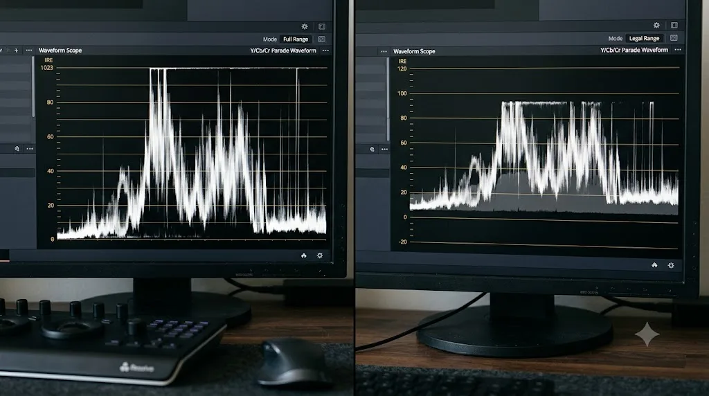 Illustration of a waveform scope compared in full range and legal range display modes in DaVinci Resolve