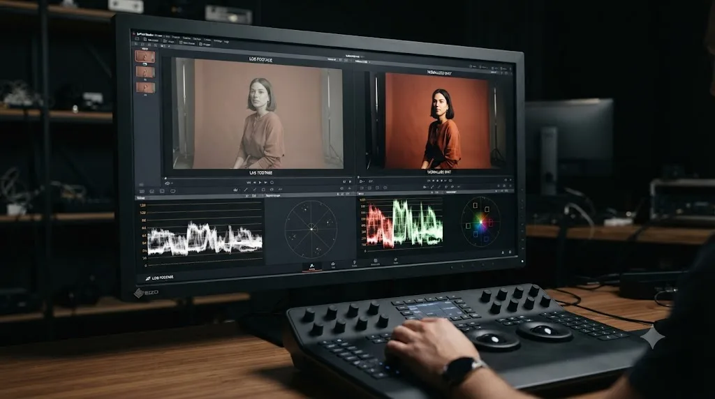 Illustration comparing scope readings on log footage before and after normalization in DaVinci Resolve
