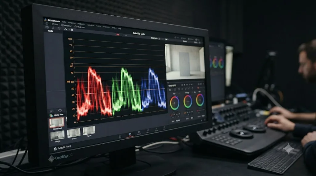 Illustration of the RGB Parade scope showing aligned red, green, and blue channel traces in DaVinci Resolve