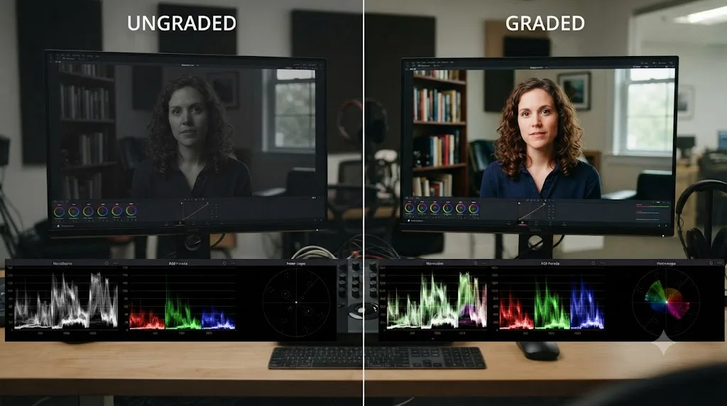 Illustration of a before and after color correction pass verified against the waveform, parade, and vectorscope in DaVinci Resolve