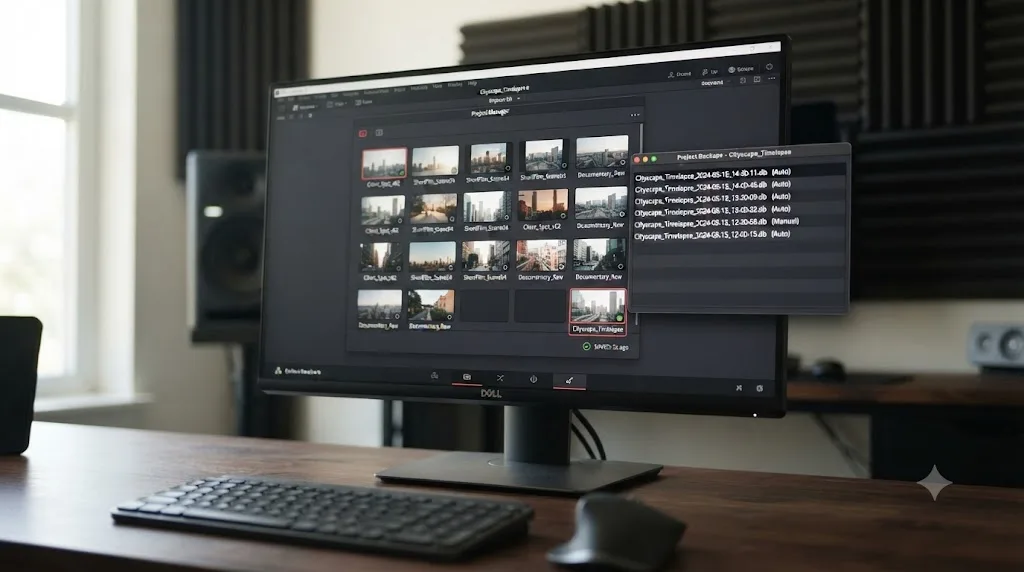 Illustration of a DaVinci Resolve project window with a save confirmation and a timestamped backup list beside it
