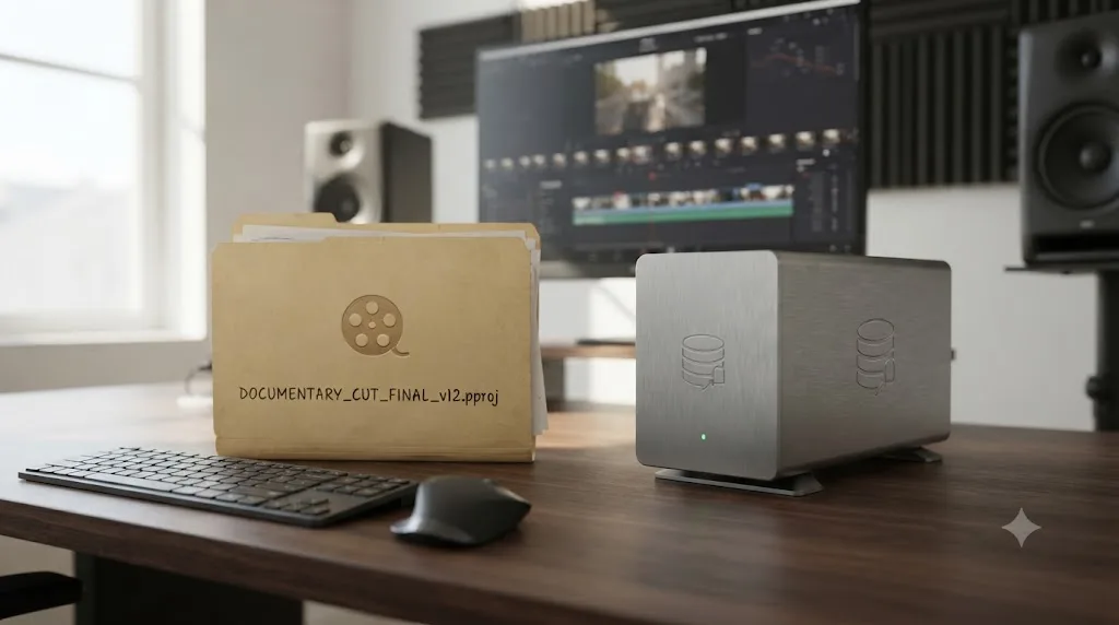 Illustration comparing a traditional loose project file with DaVinci Resolve's internal project database