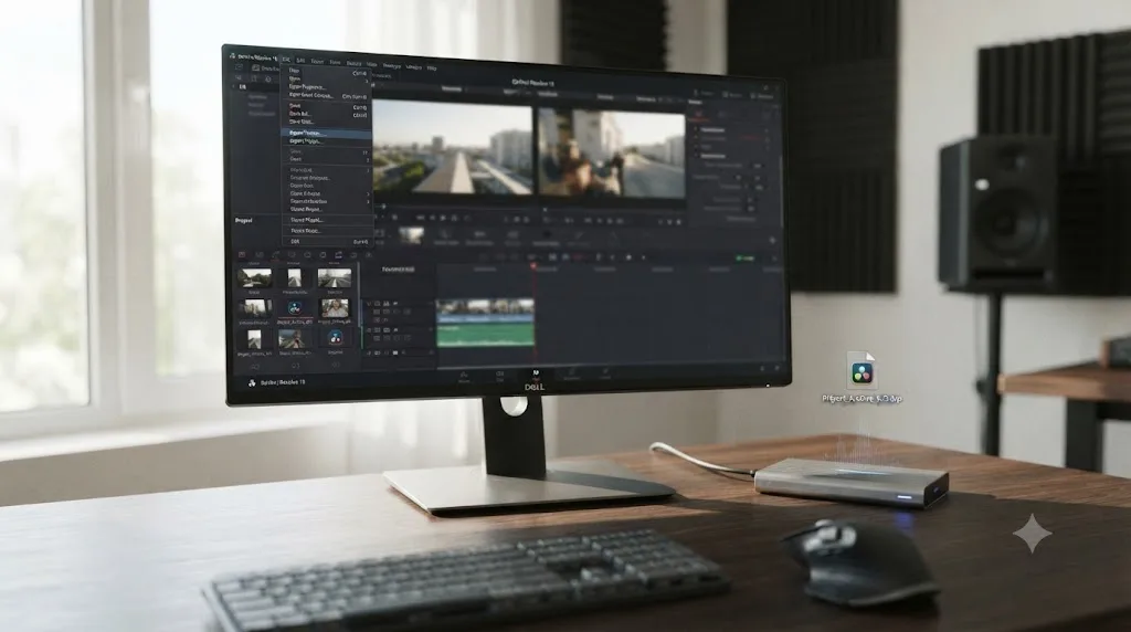 Illustration of exporting a DaVinci Resolve project as a portable .drp file to a separate drive