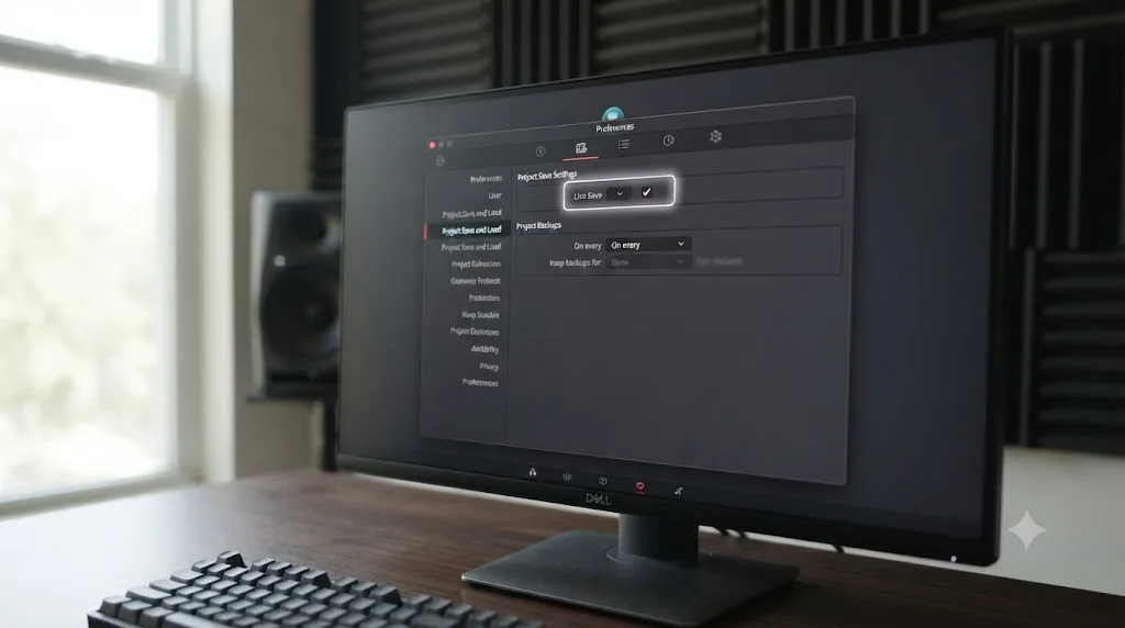 Illustration of the DaVinci Resolve Preferences Project Save and Load panel with Live Save highlighted