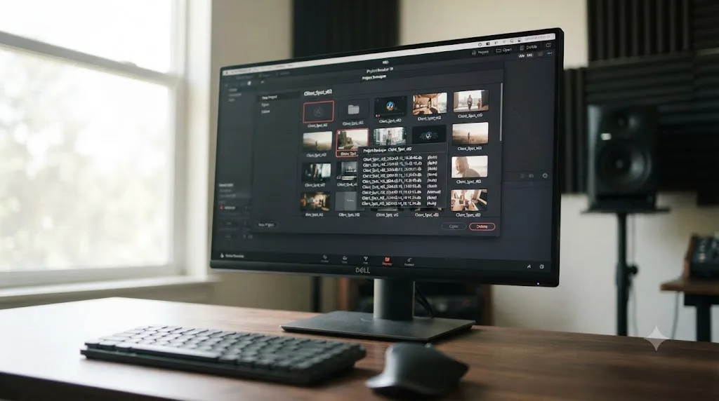 Illustration of the DaVinci Resolve Project Manager showing a timestamped list of recoverable project backups