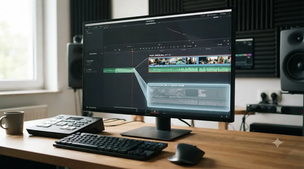 Illustration of a DaVinci Resolve project split into a continuing copy and a frozen snapshot copy