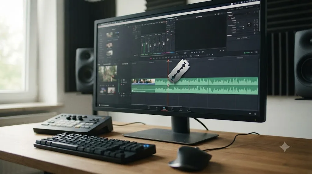 Illustration of the Blade tool cursor cutting a clip on a DaVinci Resolve timeline