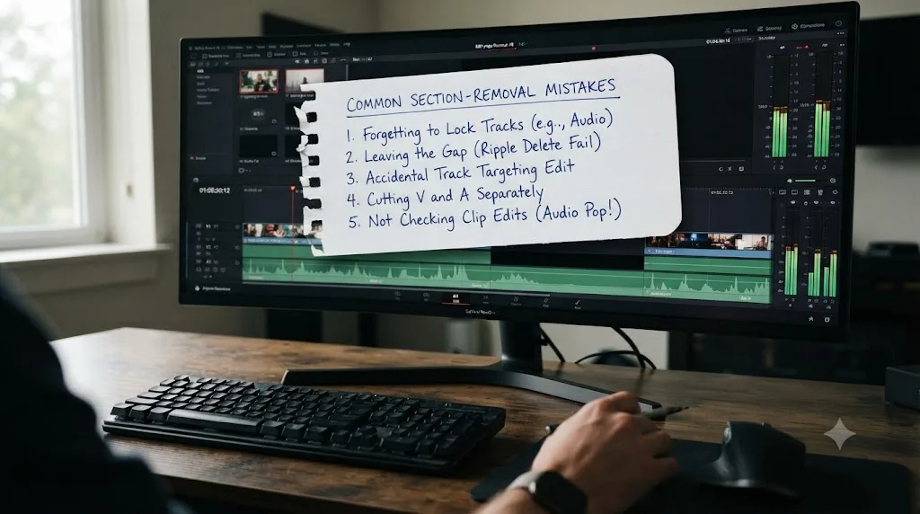 Illustration of a checklist of common mistakes when splitting and removing a section in DaVinci Resolve