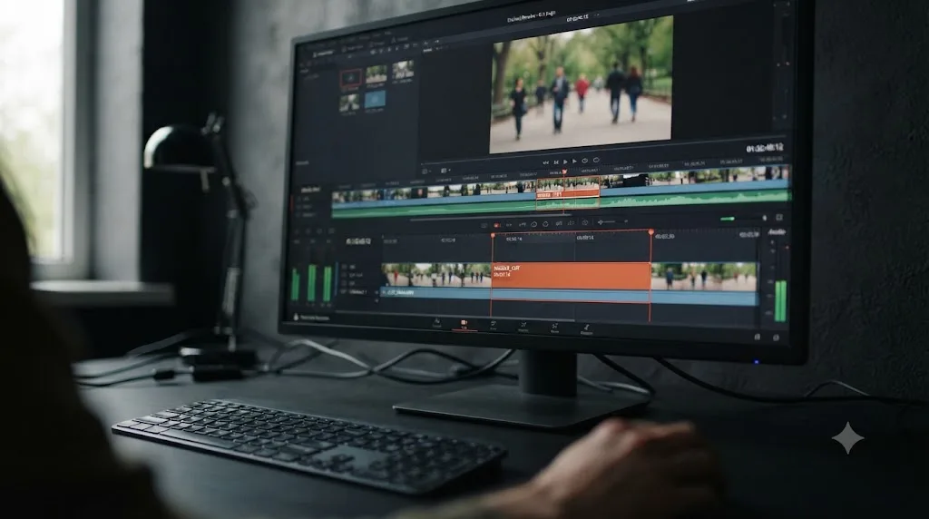 Illustration of splitting and selecting a section for removal on the DaVinci Resolve Cut page
