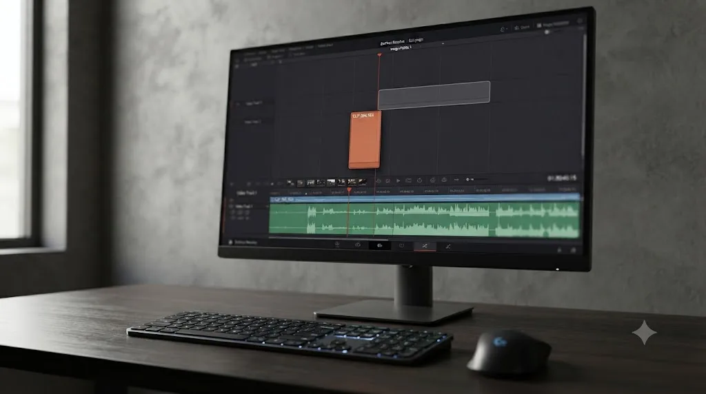 Illustration of dragging an isolated clip segment to a separate track in DaVinci Resolve