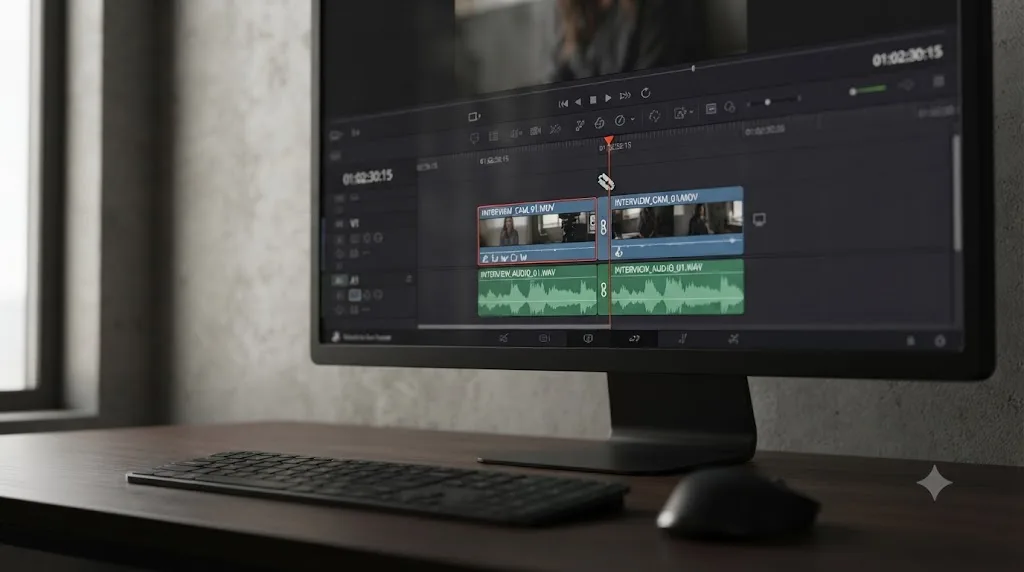Illustration of linked video and audio clips being split together on a DaVinci Resolve timeline