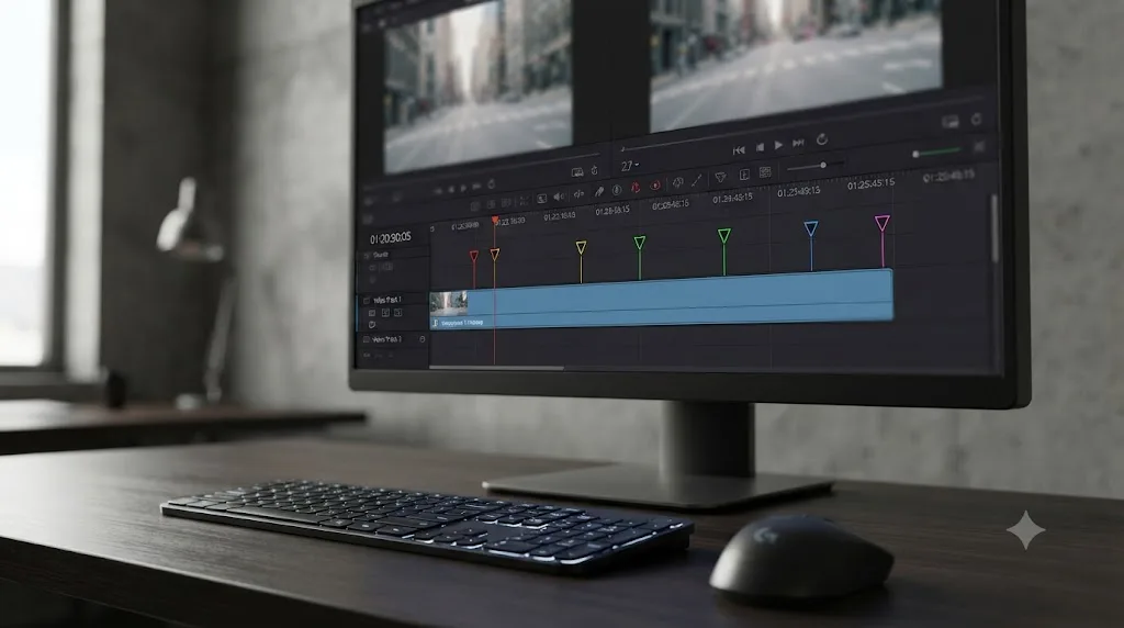 Illustration of colored markers planning multiple cut points along a DaVinci Resolve timeline