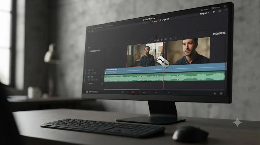 Illustration of the Blade tool cutting and switching angles on a multicam clip in DaVinci Resolve