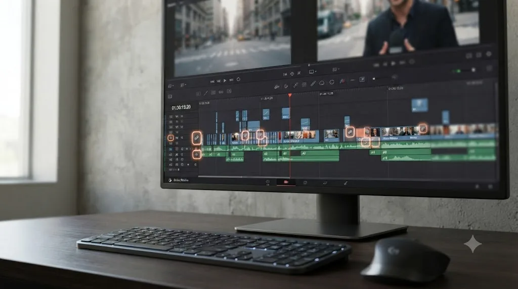 Illustration of Sync Lock icons on multiple tracks before a ripple delete in DaVinci Resolve