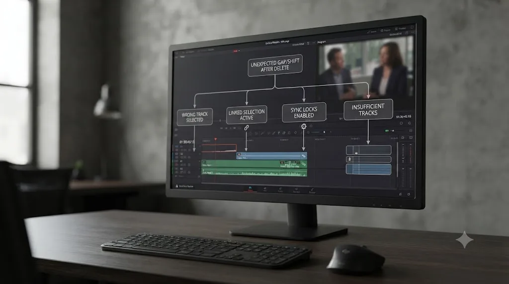 Illustration of a troubleshooting flowchart for gaps and shifts after deleting a section in DaVinci Resolve