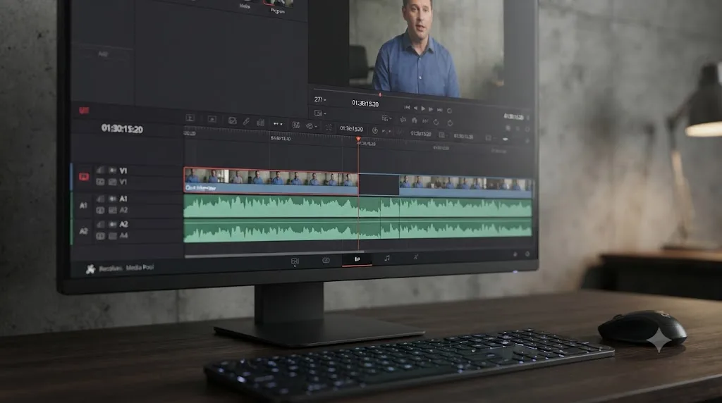 Illustration of a worked example removing an interruption from an interview clip in DaVinci Resolve