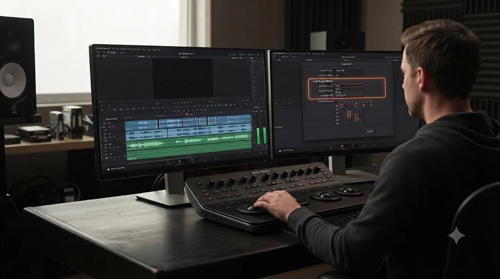 Illustration of a DaVinci Resolve audio track panel with mismatched channel clips next to an AAF export dialog