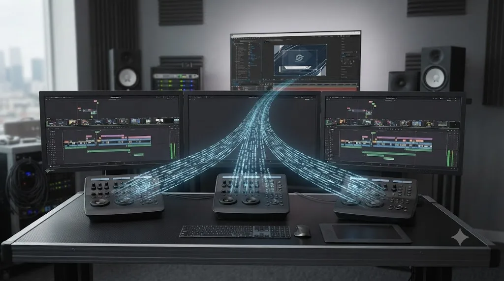 Illustration of multiple episode timelines each exporting a labeled XML file toward a shared motion graphics template