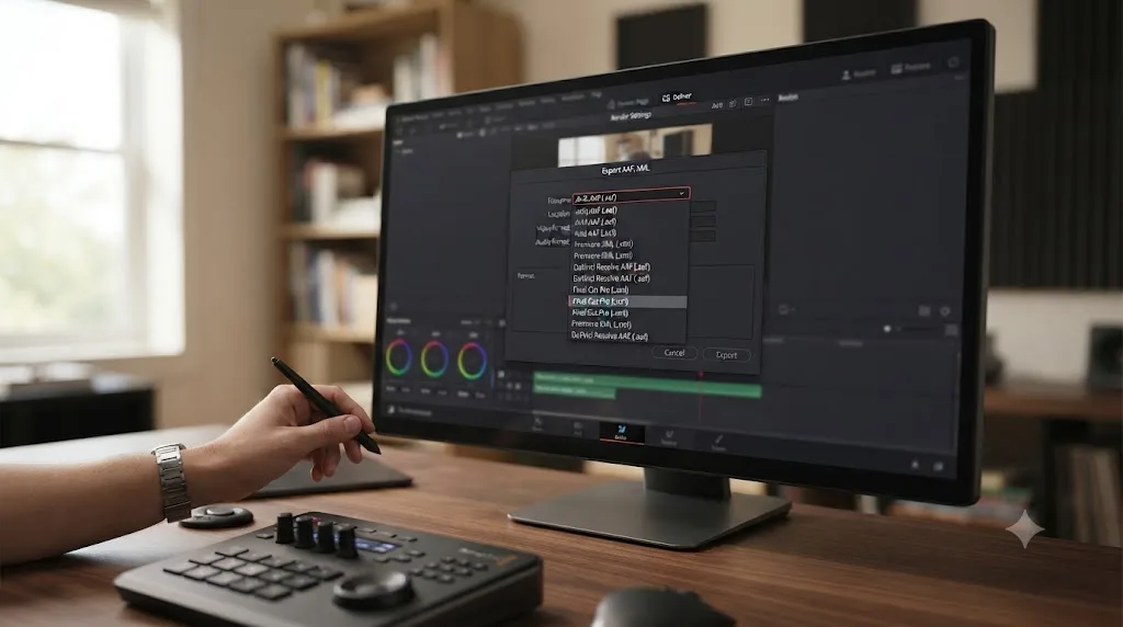 Illustration of the DaVinci Resolve Export AAF, XML dialog with the format dropdown open