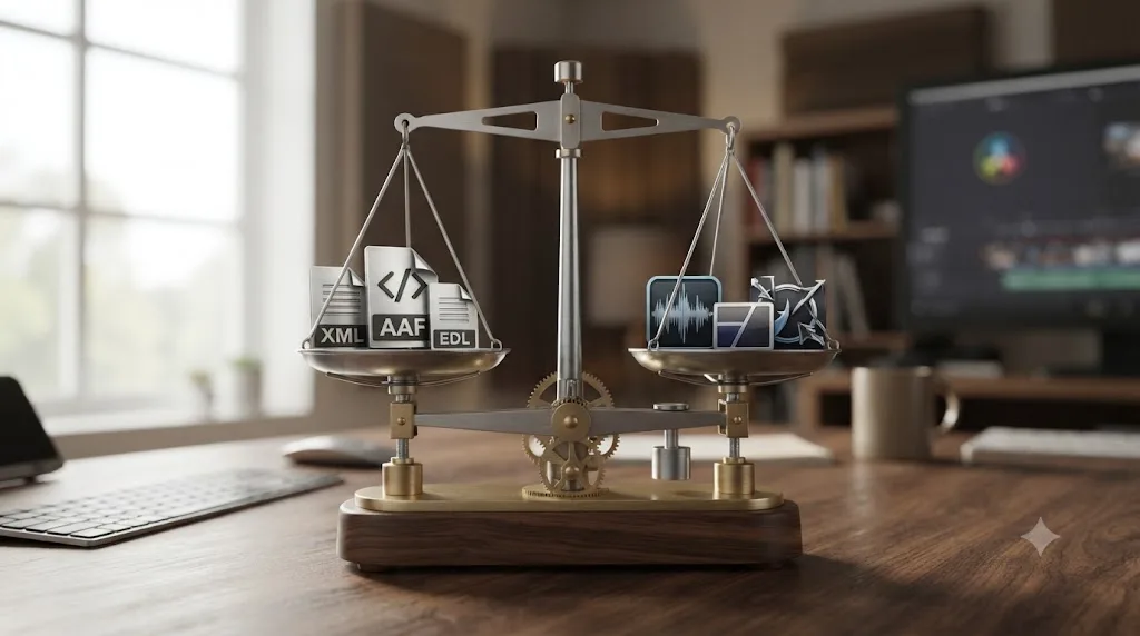Illustration of a decision scale comparing XML, AAF, and EDL export formats by what each one carries