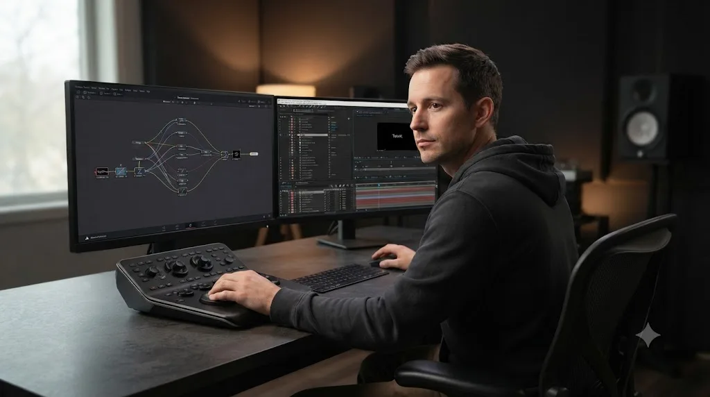 Illustration of a motion designer choosing between a DaVinci Resolve Fusion node graph and an After Effects layer stack