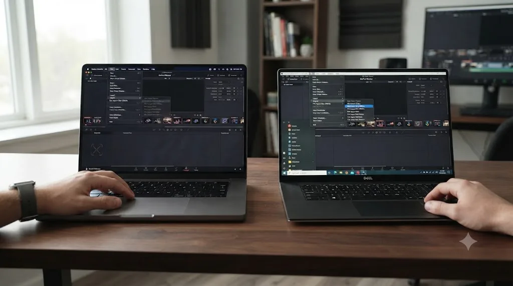 Illustration of a Mac showing a missing Pro Import After Effects option next to a Windows machine where the option still works