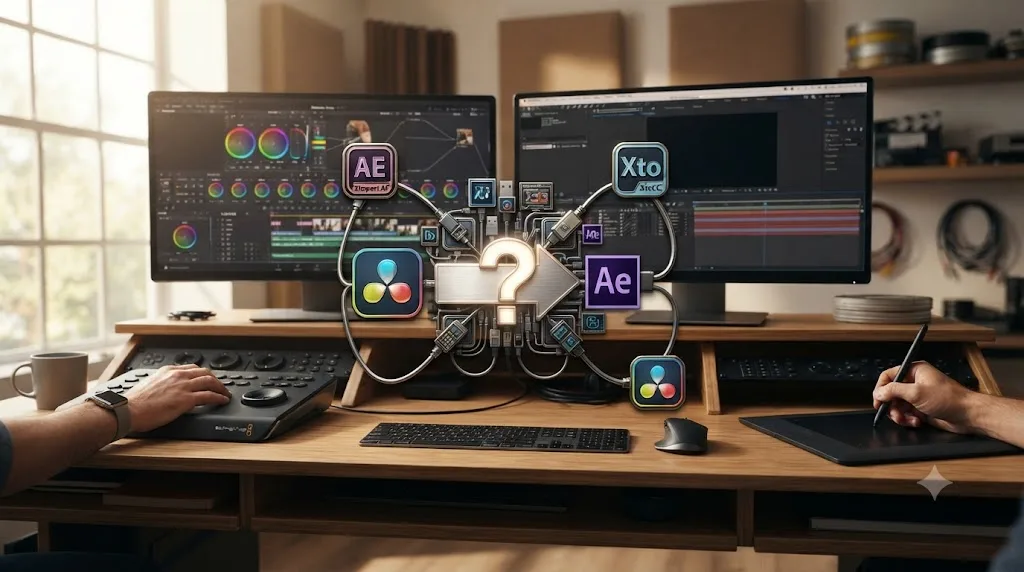 Illustration of third-party plugin options arranged around a DaVinci Resolve to After Effects transfer with a question mark
