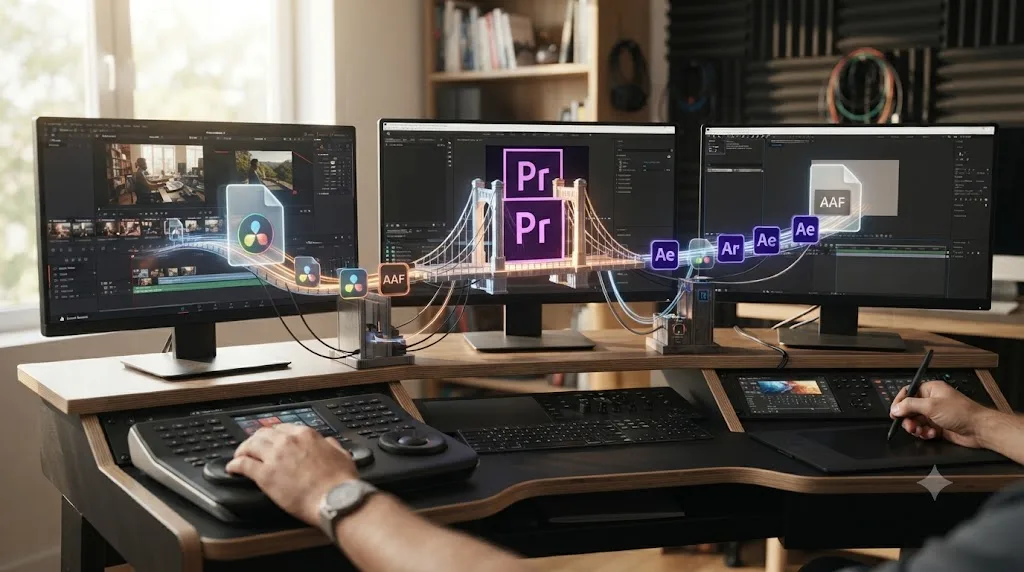 Illustration of an AAF file moving from DaVinci Resolve through Premiere Pro as a bridge toward After Effects