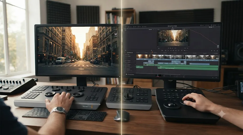 Illustration comparing a fully rendered graded clip with an editable but ungraded XML timeline structure